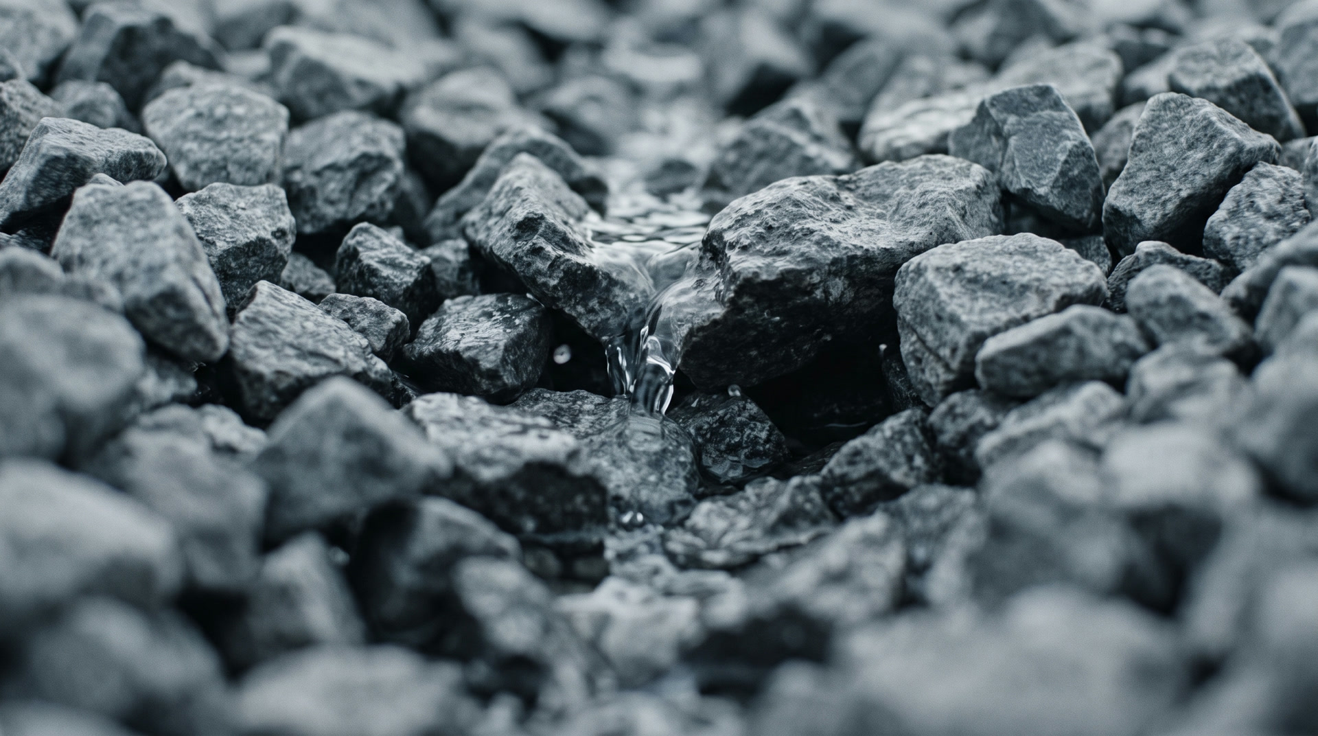 Washed open-graded aggregate base with water threading down between the rocks