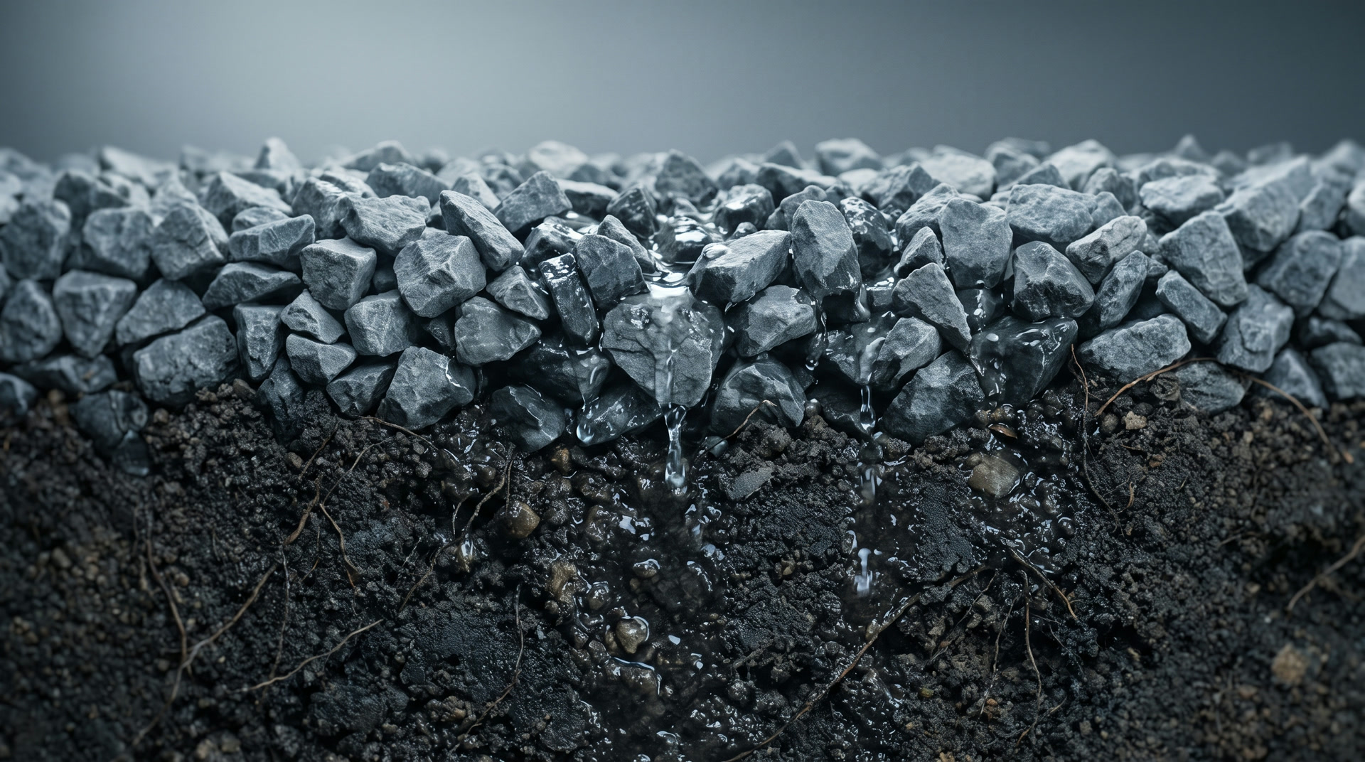 Cross-section of aggregate base above in situ soil, with water soaking into the ground